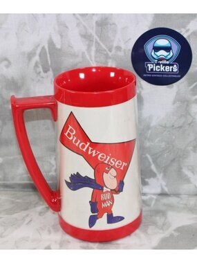 Vintage 70s USA Made Thermo-Serv Budweiser Bud Man Carrying Budweiser Beer Mug S